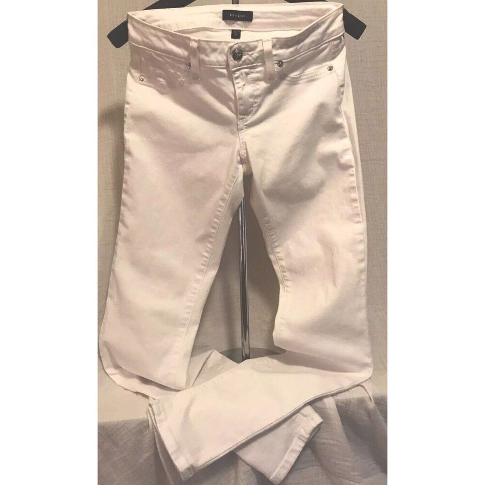 Bebe Wm Jeans White Stretch Denim Bodycon Designer Sz 27" waist 32" inseam